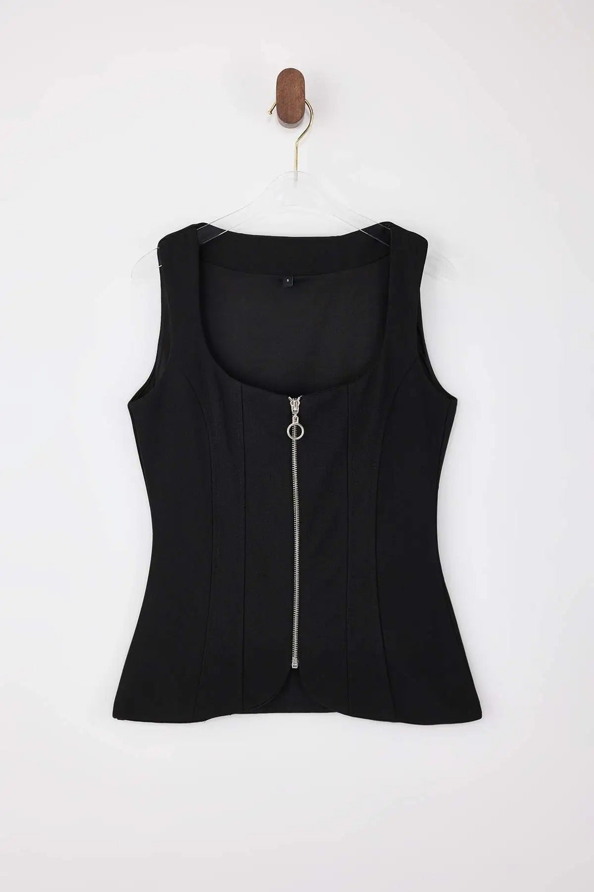 Square Neck Zip-Up Sleeveless Scuba Crepe Knit Blouse