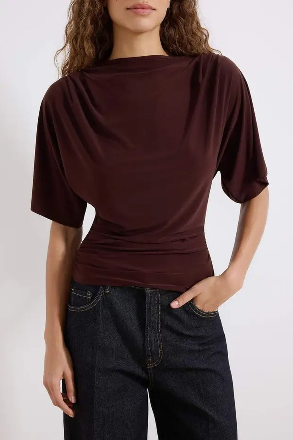 Boat Neck Batwing Sleeve Stretchy Knit Blouse