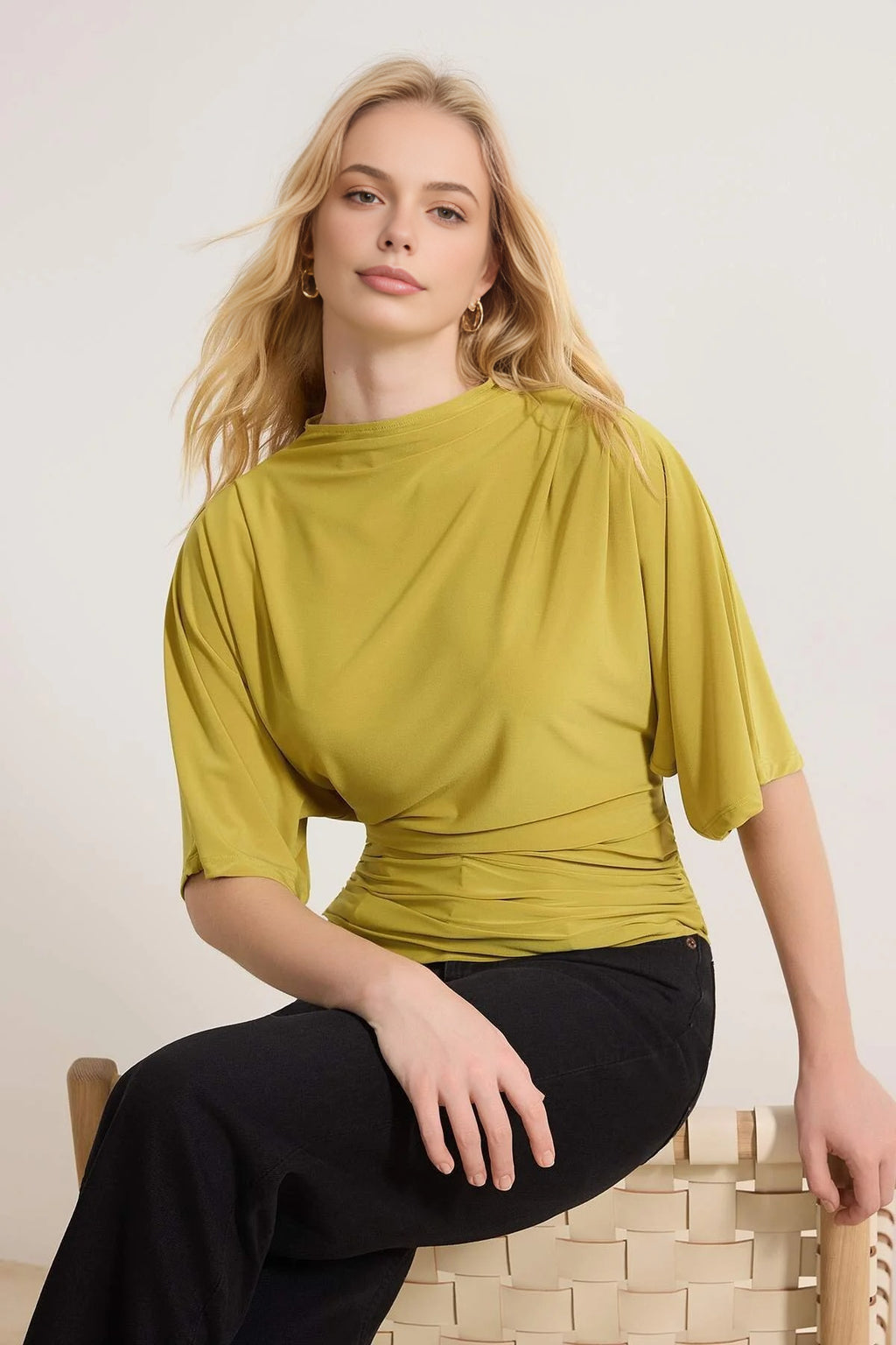 Boat Neck Batwing Sleeve Stretchy Knit Blouse