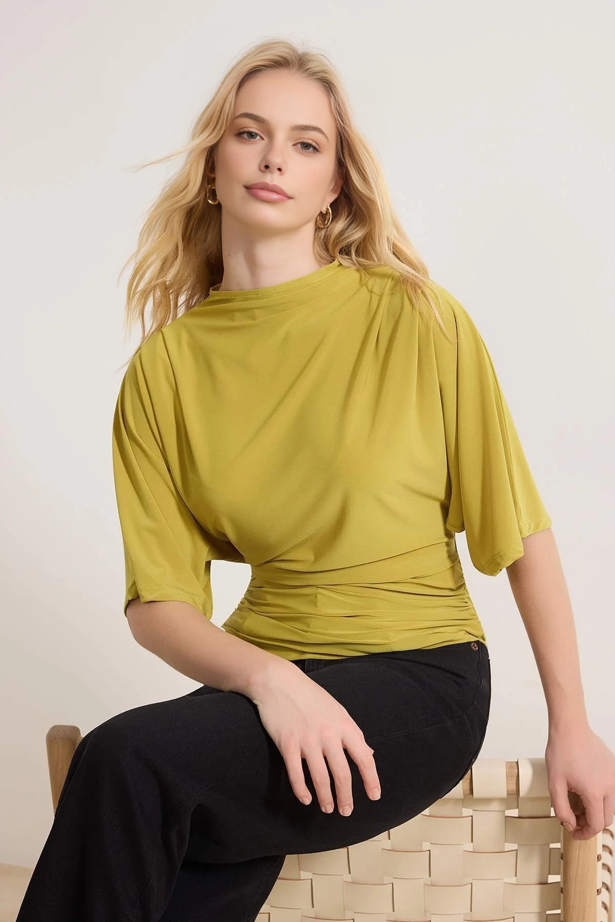 Boat Neck Batwing Sleeve Stretchy Knit Blouse