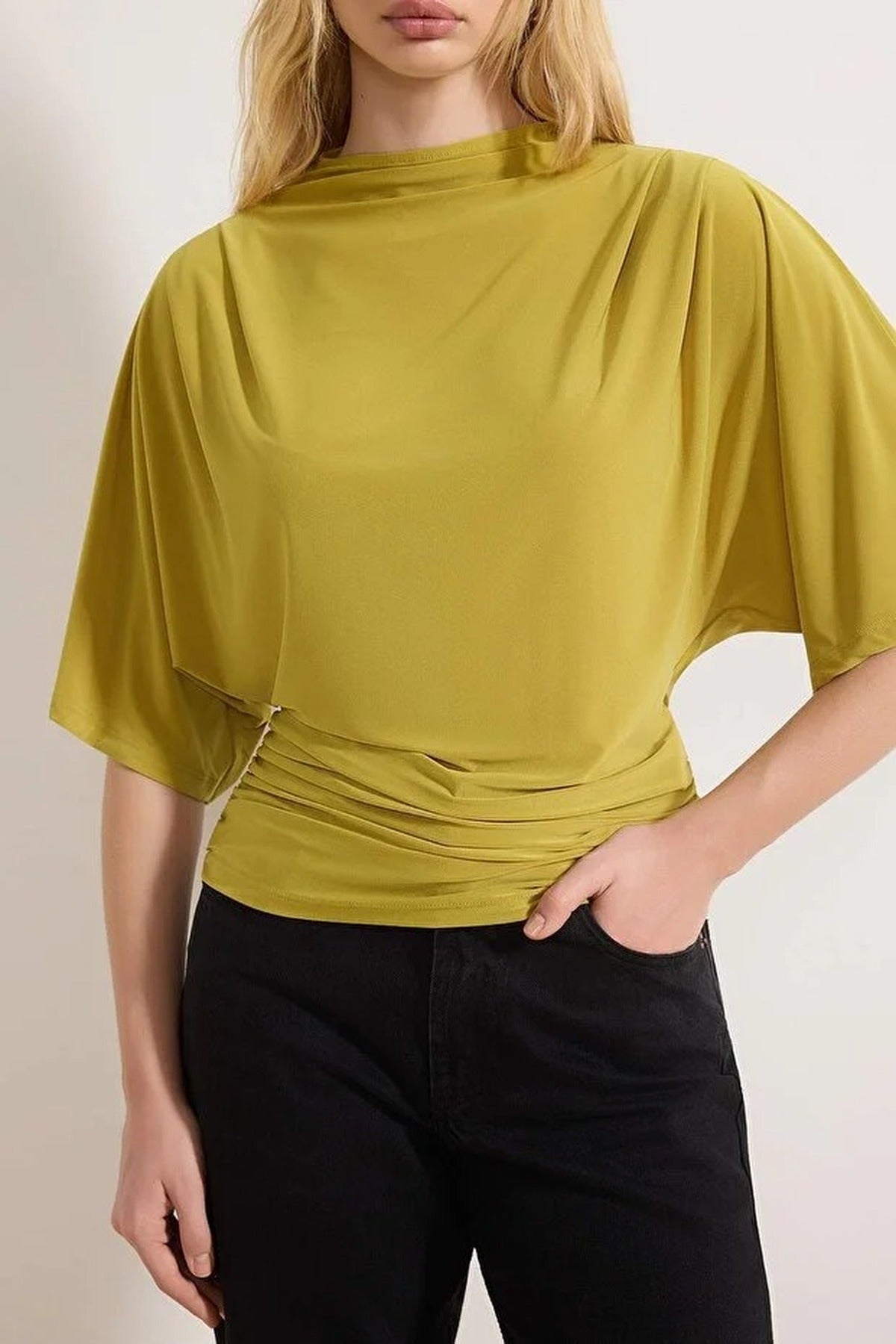 Boat Neck Batwing Sleeve Stretchy Knit Blouse