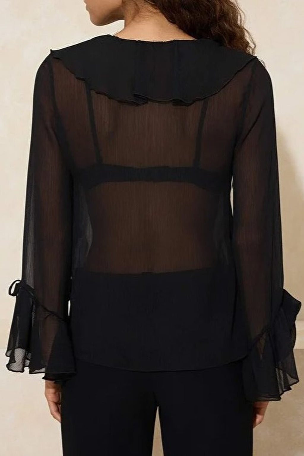 Ruffled Detail Transparent Chiffon Woven Blouse