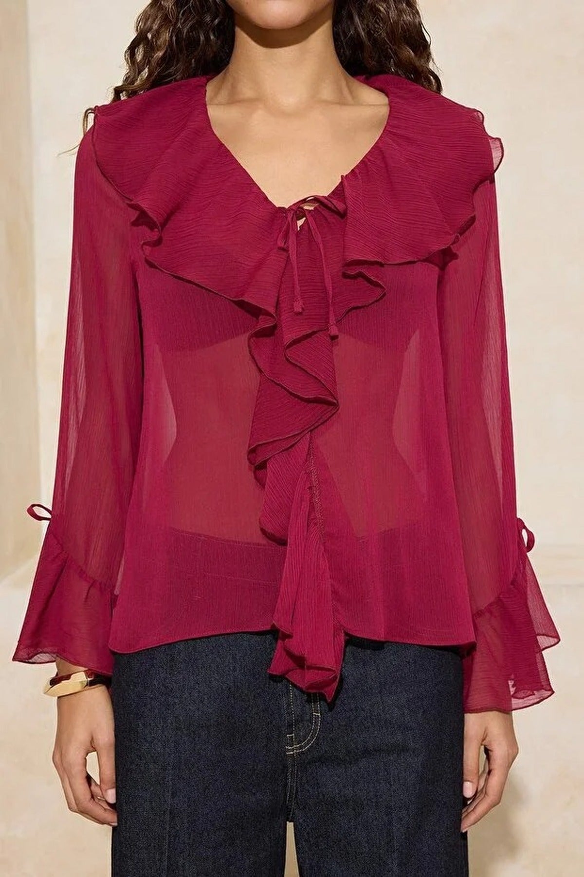 Ruffled Detail Transparent Chiffon Woven Blouse