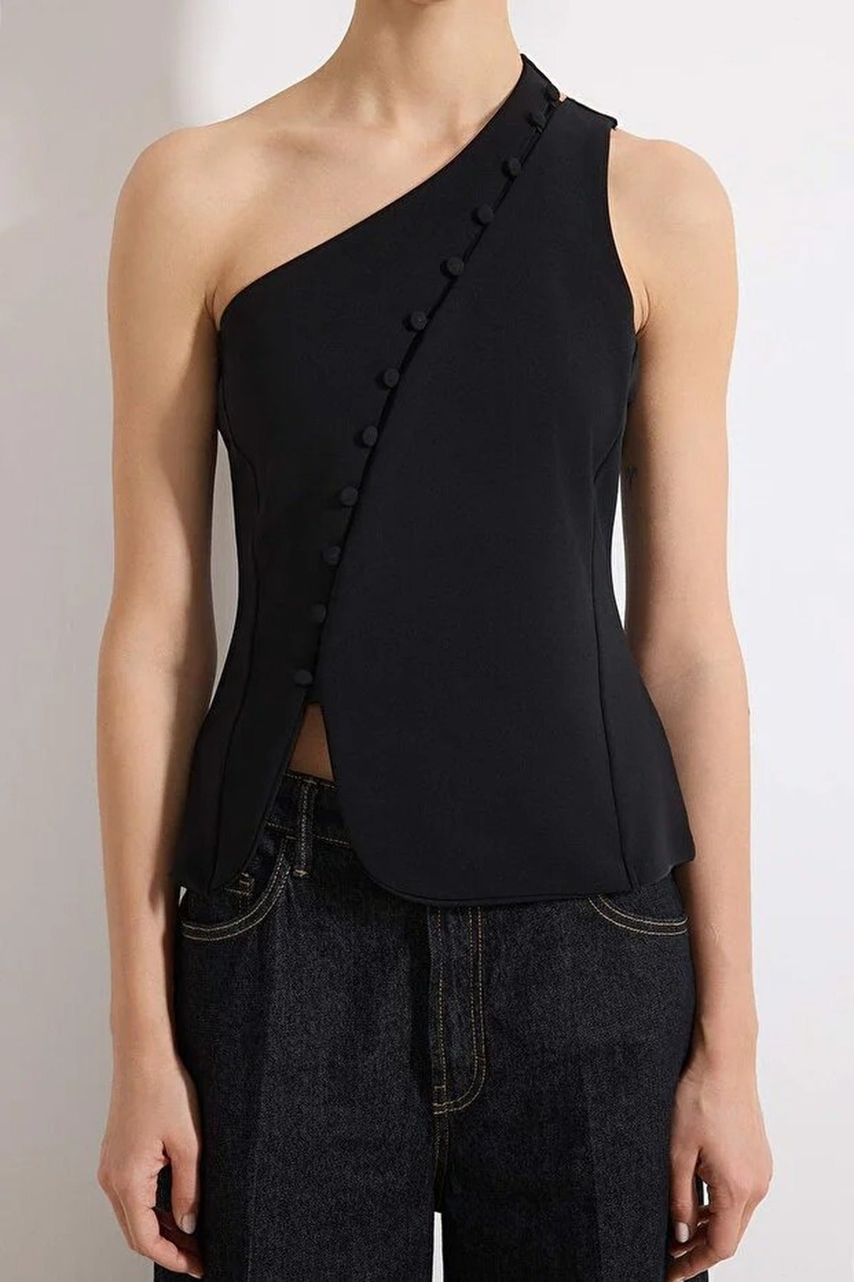 Asymmetrical Collar Sleeveless Buttoned Scuba Crepe Knit Blouse