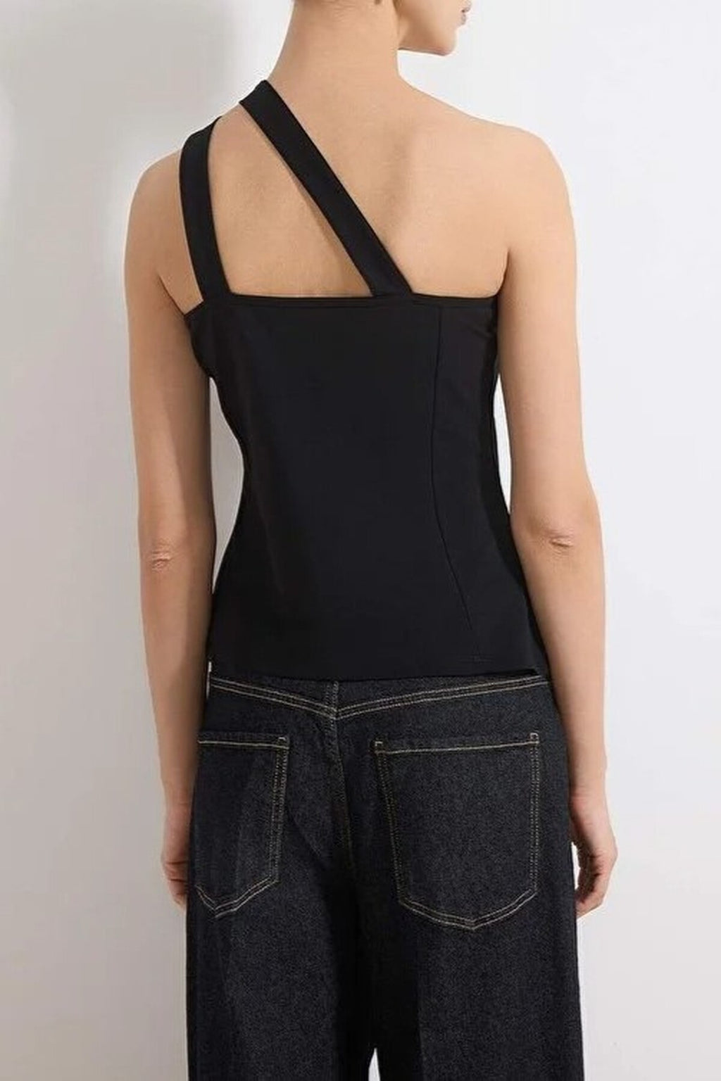 Asymmetrical Collar Sleeveless Buttoned Scuba Crepe Knit Blouse