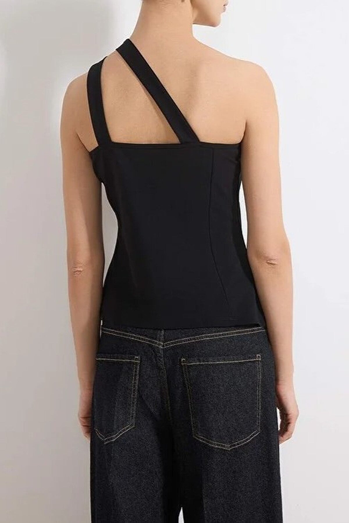 Asymmetrical Collar Sleeveless Buttoned Scuba Crepe Knit Blouse