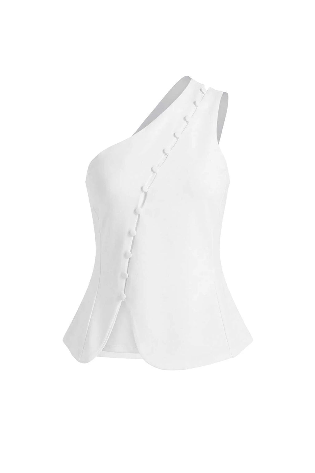 Asymmetrical Collar Sleeveless Buttoned Scuba Crepe Knit Blouse