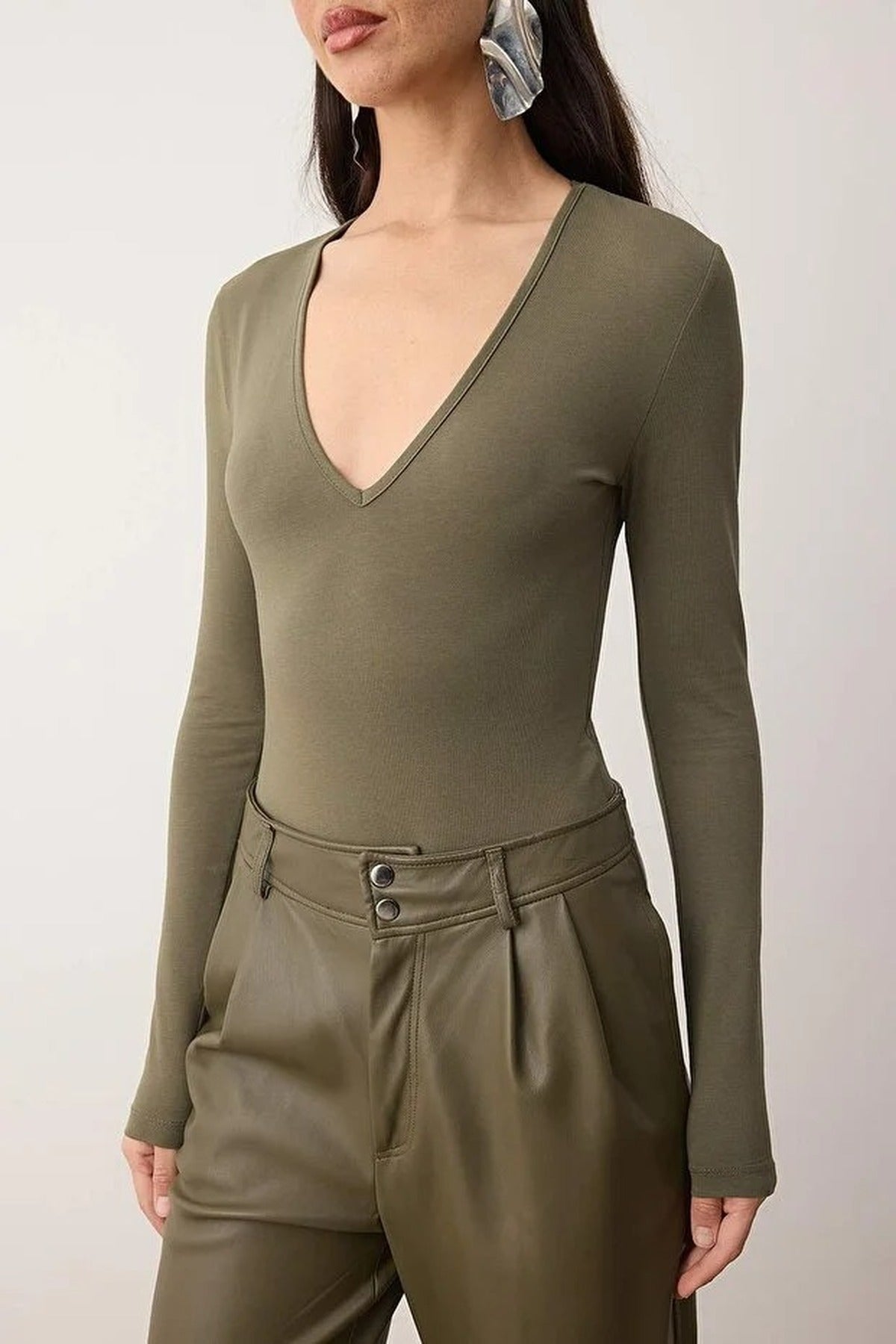 Deep V-Neck Knit Bodysuit