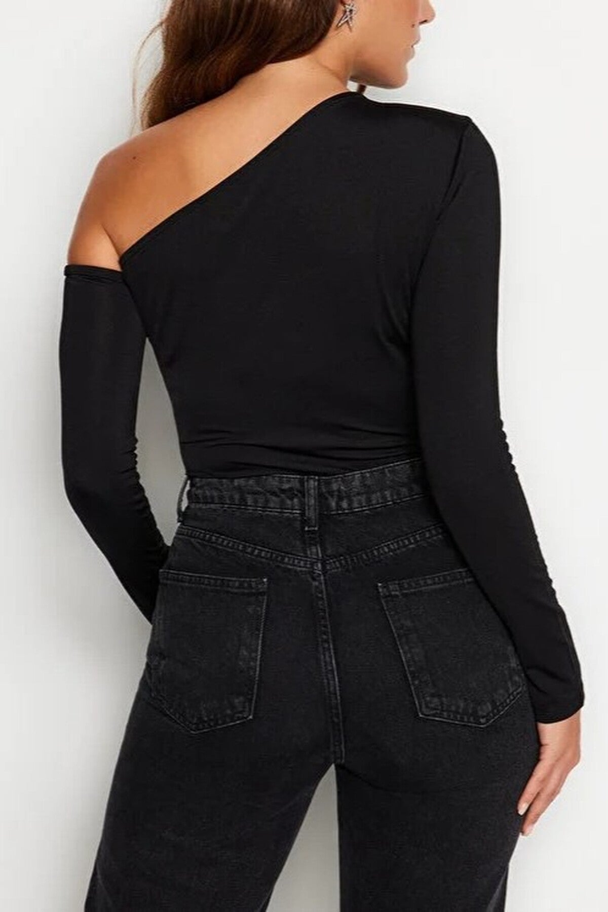 Asymmetrical Collar Long Sleeve Knit Bodysuit