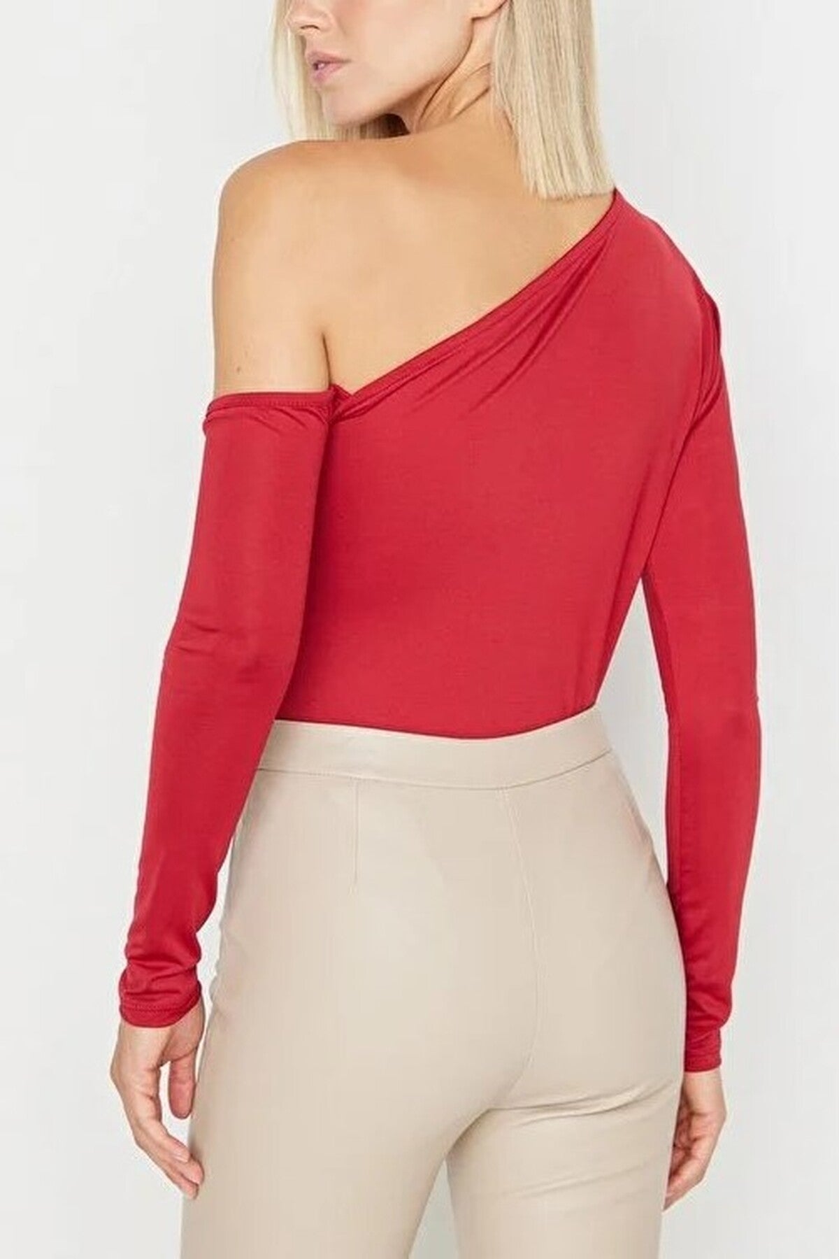 Asymmetrical Collar Long Sleeve Knit Bodysuit