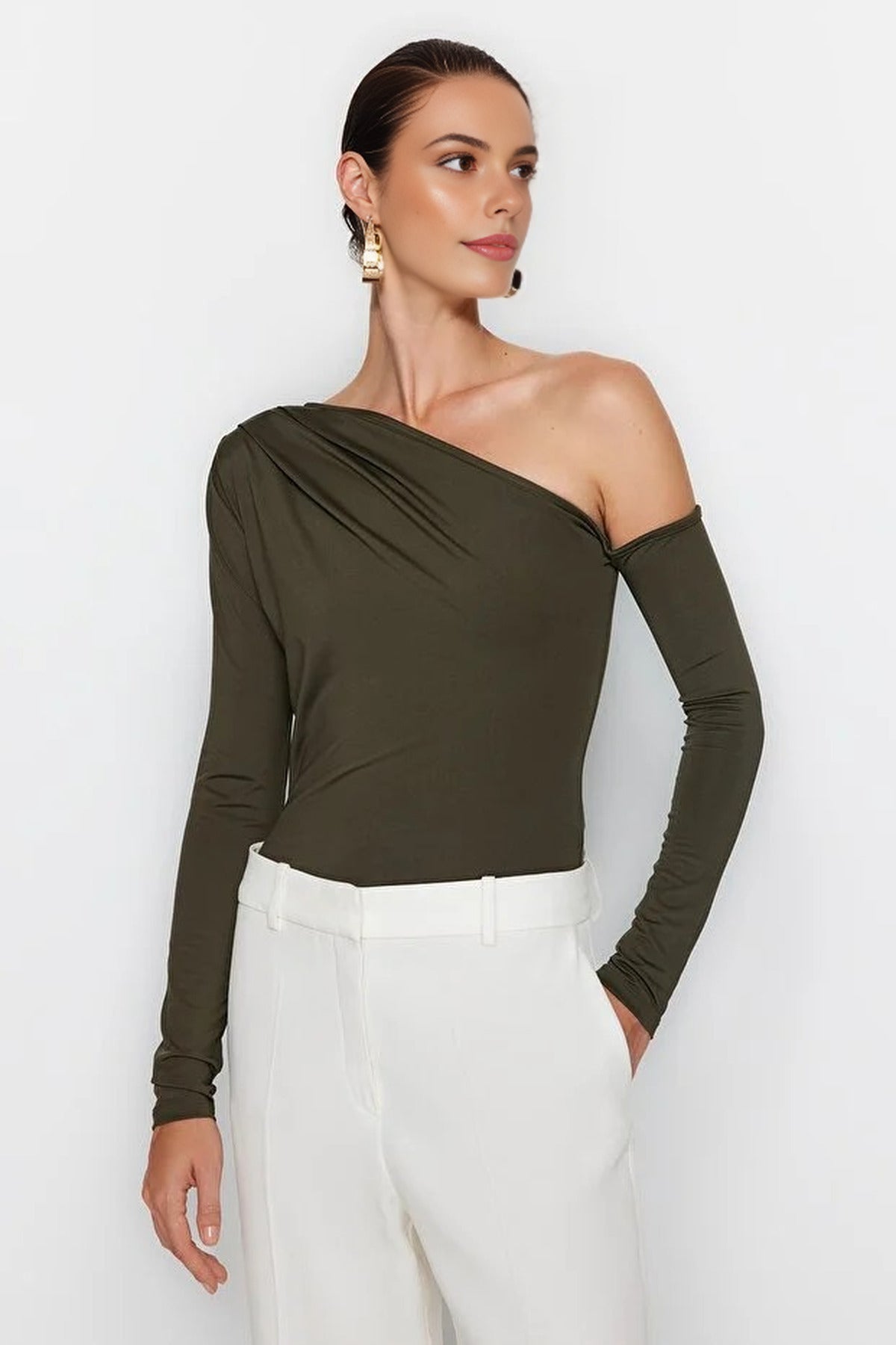 Asymmetrical Collar Long Sleeve Knit Bodysuit