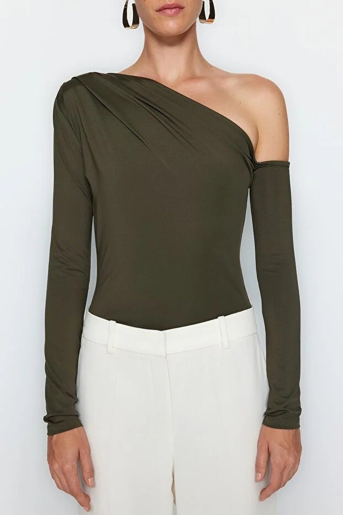 Asymmetrical Collar Long Sleeve Knit Bodysuit