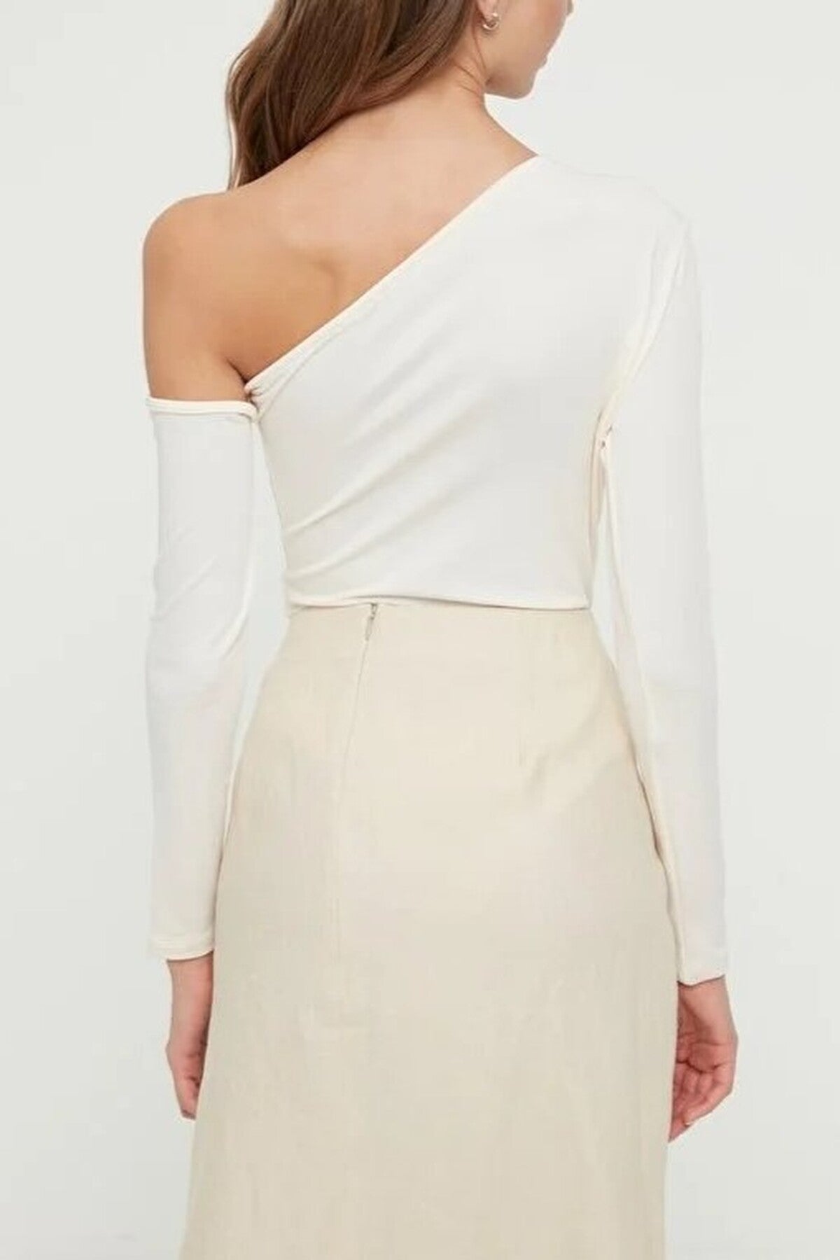 Asymmetrical Collar Long Sleeve Knit Bodysuit