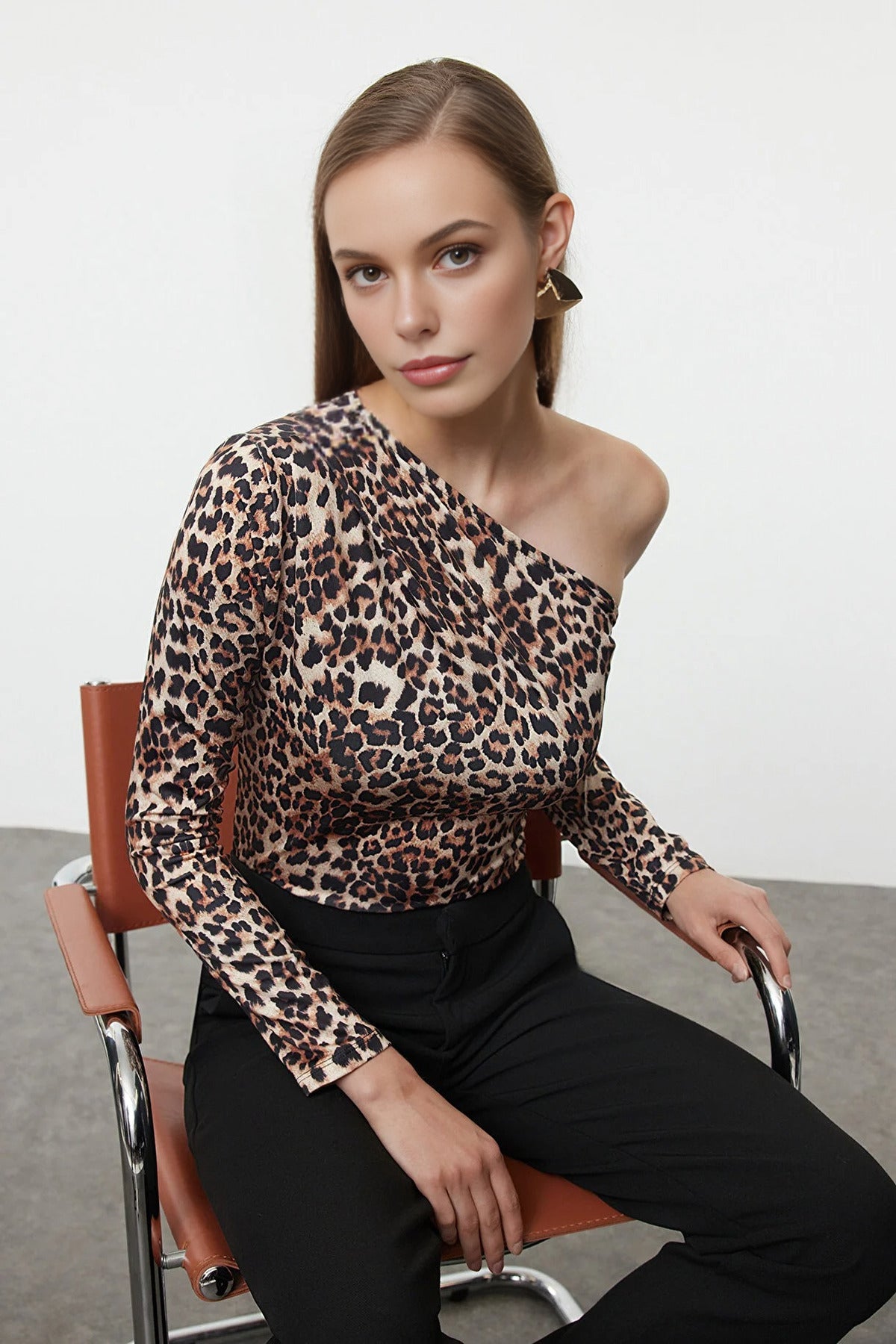 Asymmetrical Collar Long Sleeve Knit Bodysuit