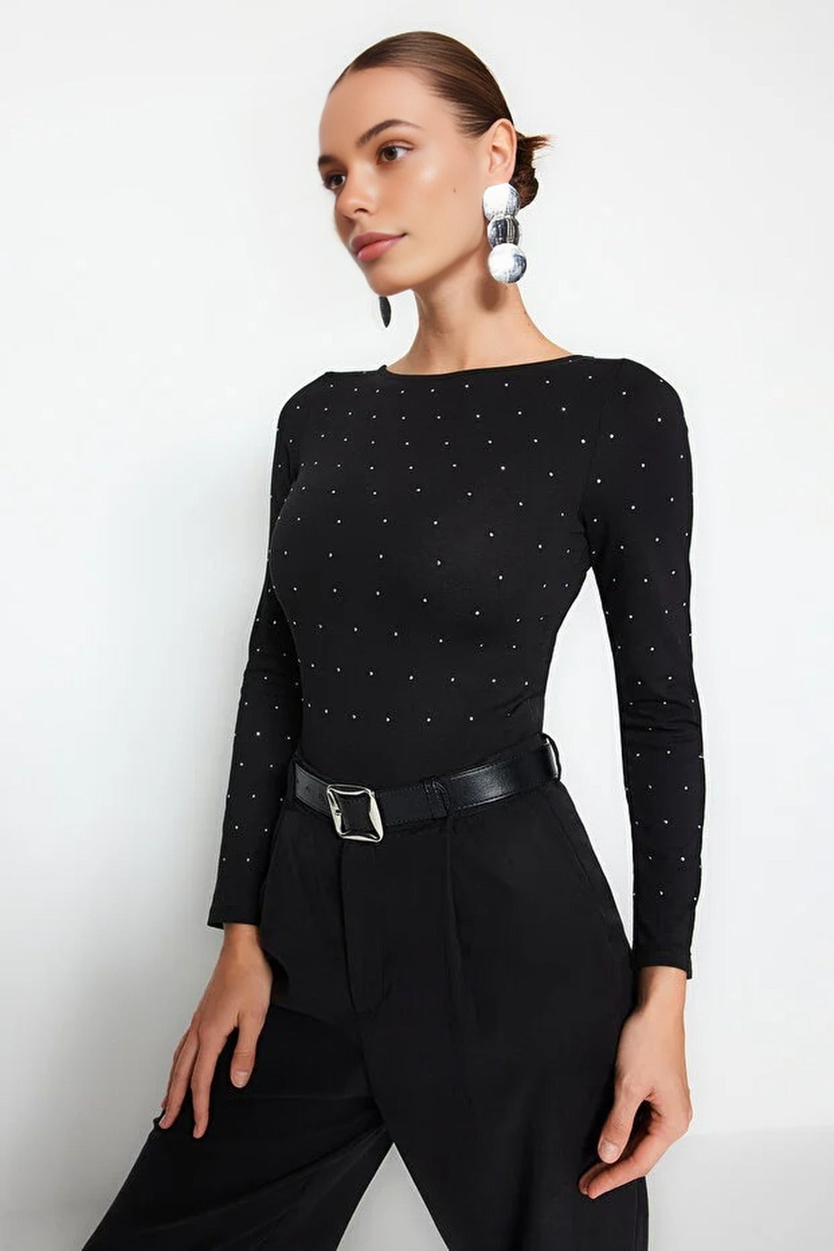 Cotton Knit Bodysuit with Shiny Stone Detail