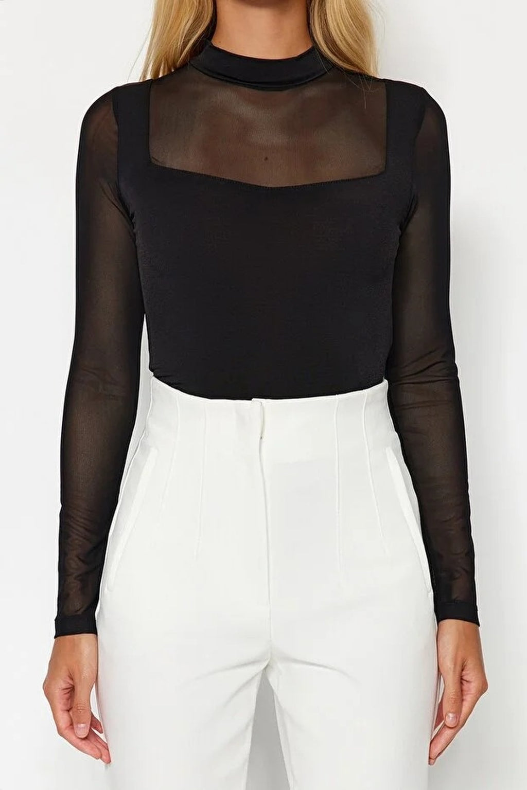 Tulle Detailed Stand-Up Collar Knit Bodysuit