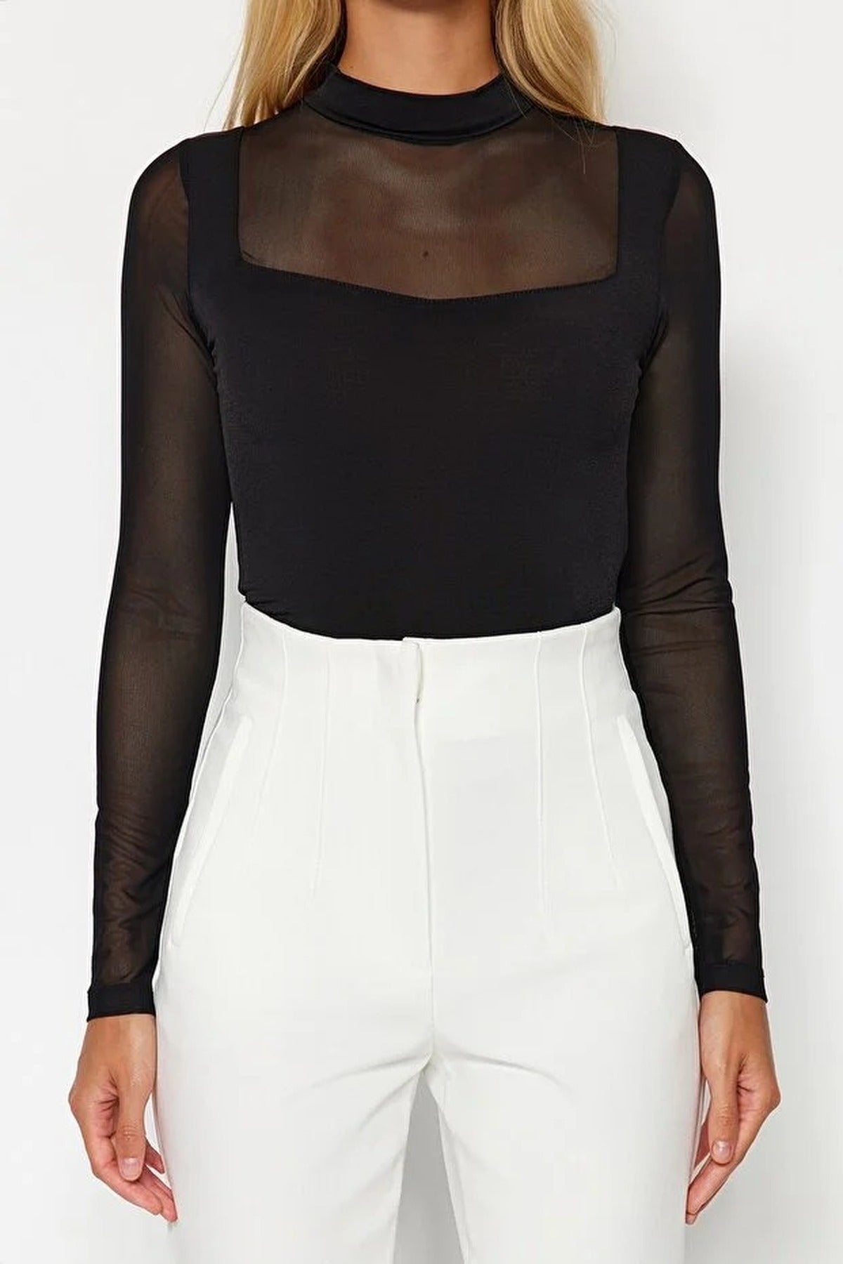 Tulle Detailed Stand-Up Collar Knit Bodysuit