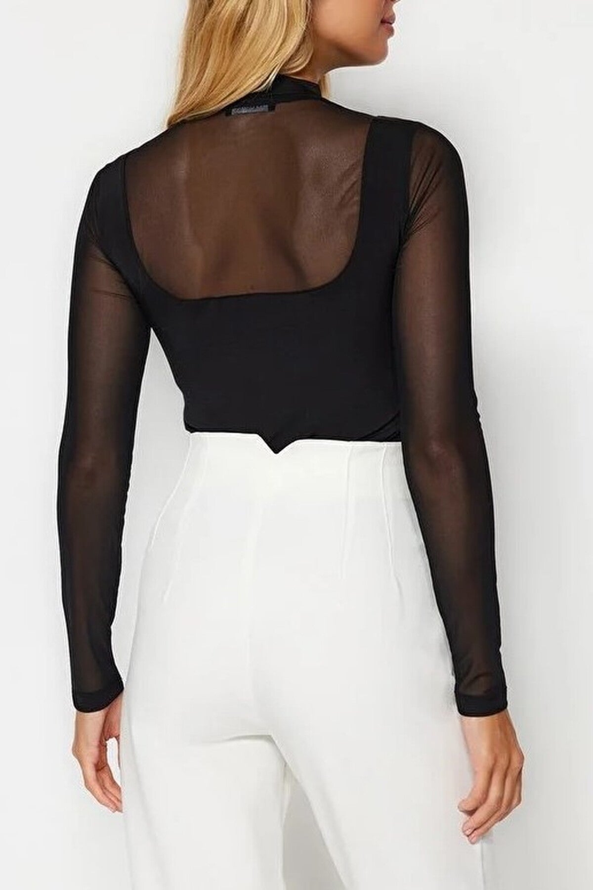 Tulle Detailed Stand-Up Collar Knit Bodysuit