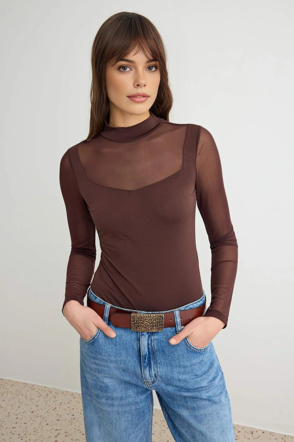 Tulle Detailed Stand-Up Collar Knit Bodysuit