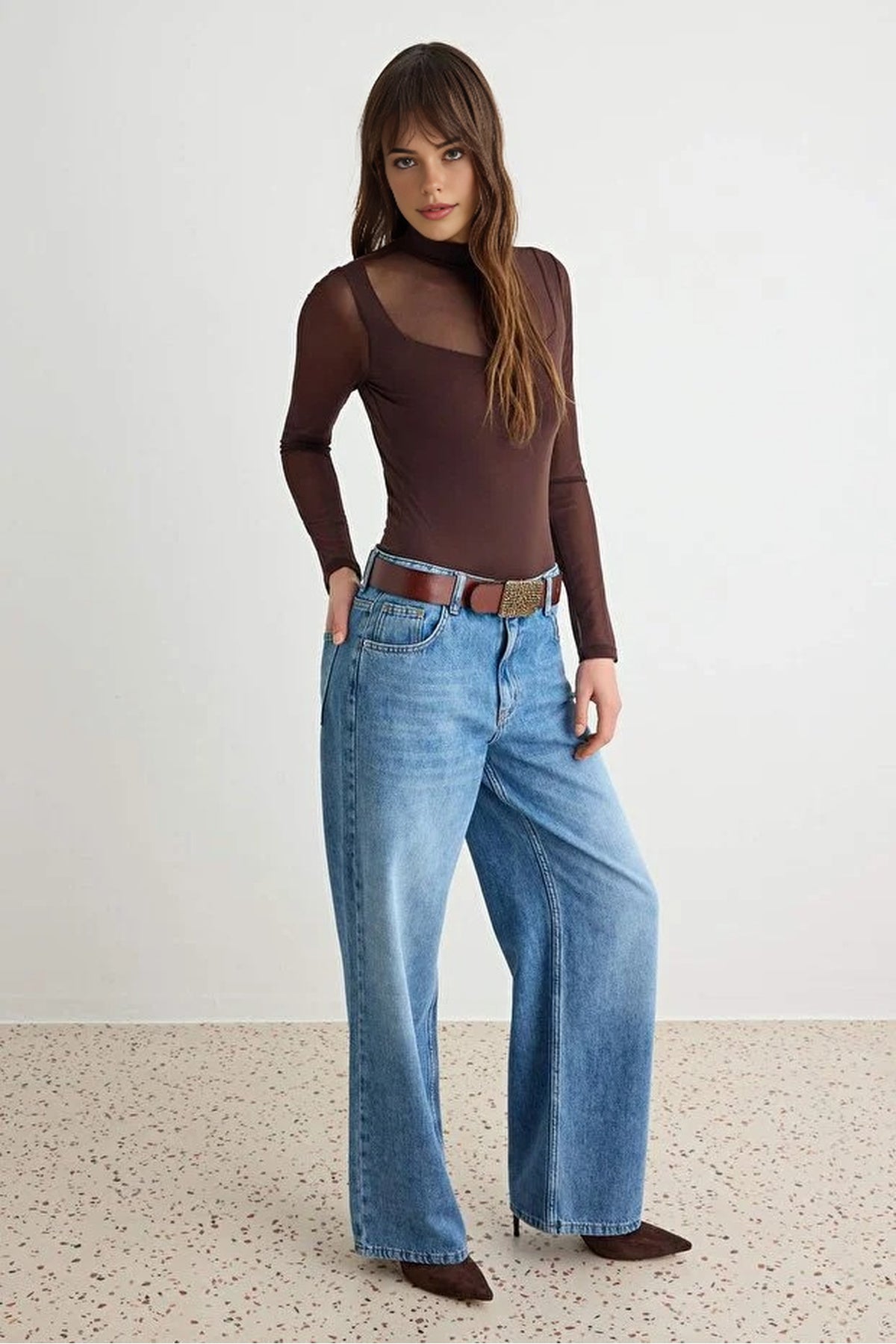 Tulle Detailed Stand-Up Collar Knit Bodysuit