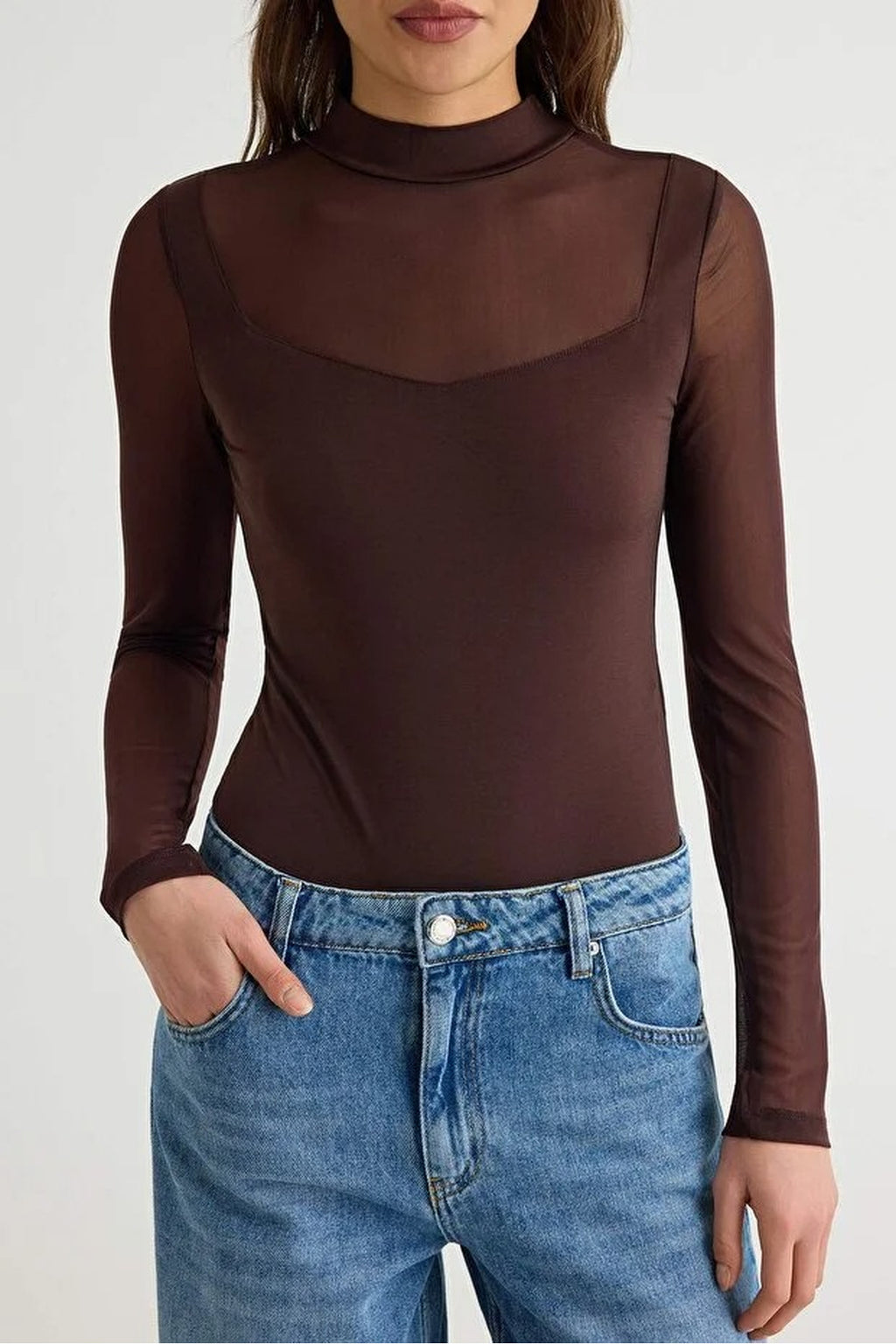 Tulle Detailed Stand-Up Collar Knit Bodysuit