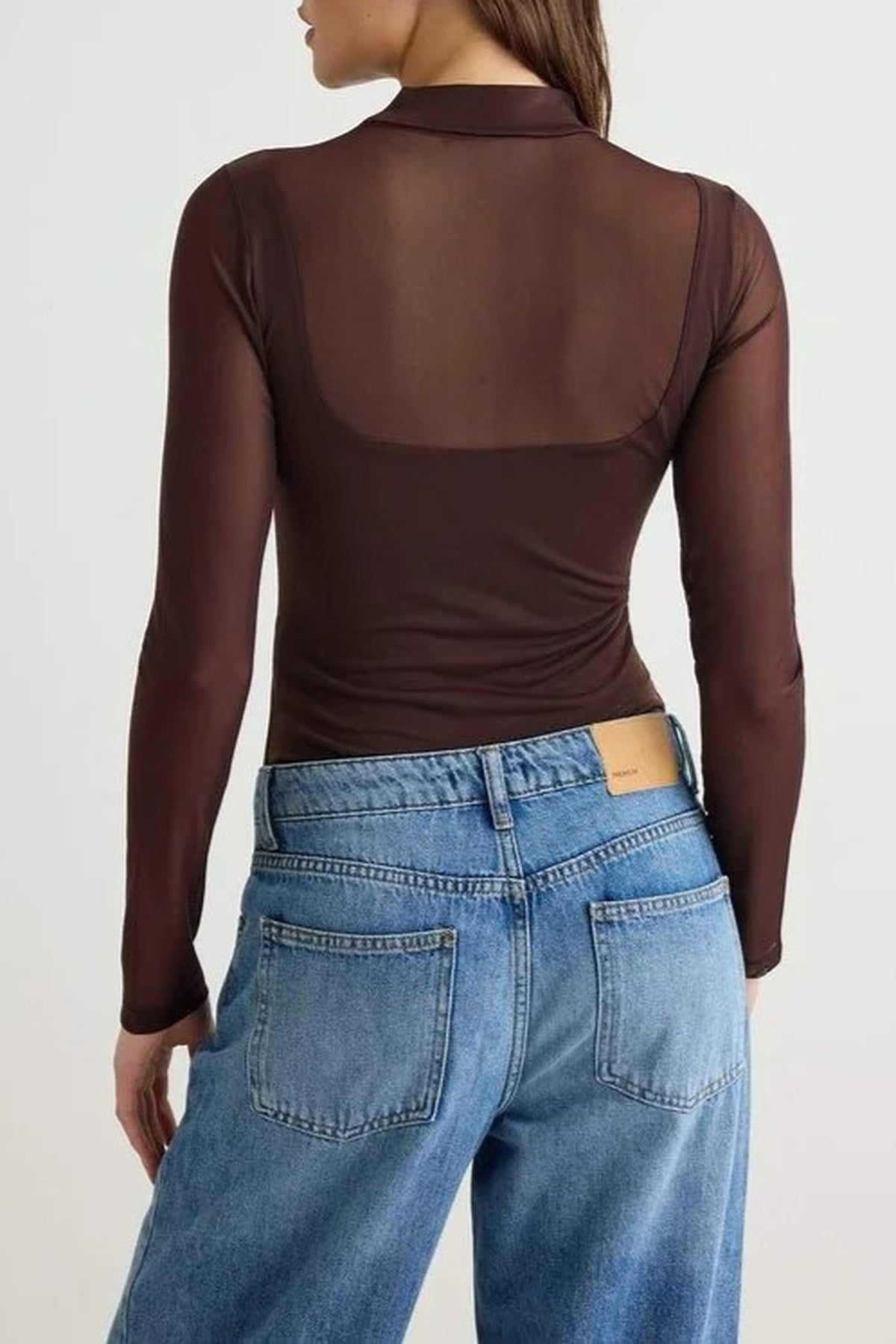 Tulle Detailed Stand-Up Collar Knit Bodysuit