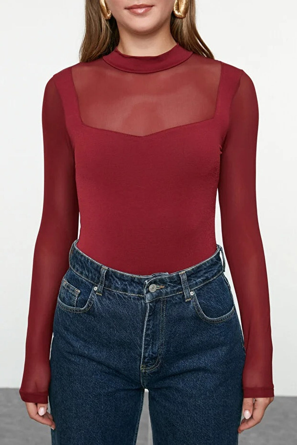 Tulle Detailed Stand-Up Collar Knit Bodysuit