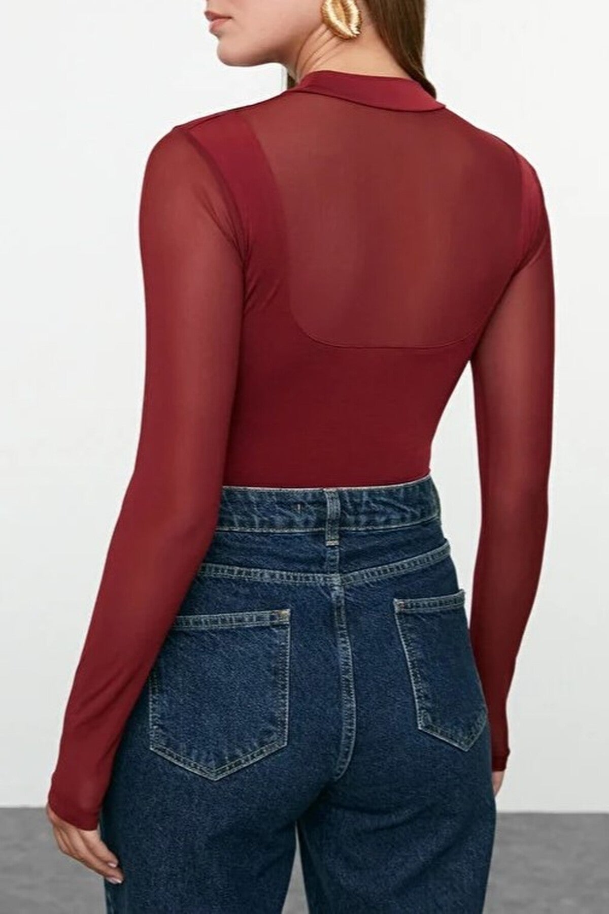 Tulle Detailed Stand-Up Collar Knit Bodysuit