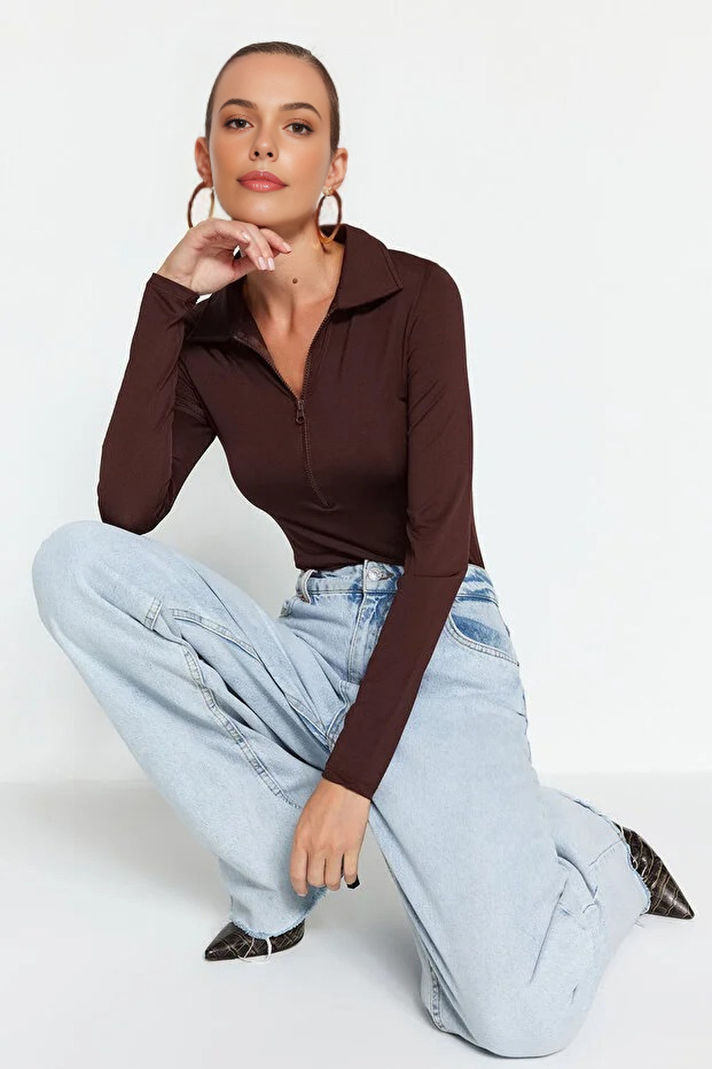 Zipper Collar Detailed Knit Bodysuit