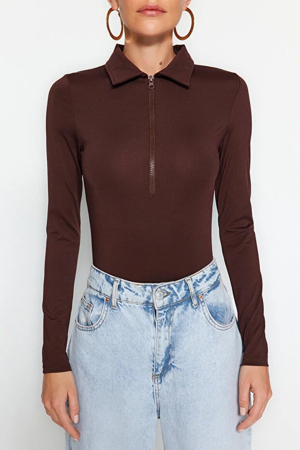 Zipper Collar Detailed Knit Bodysuit