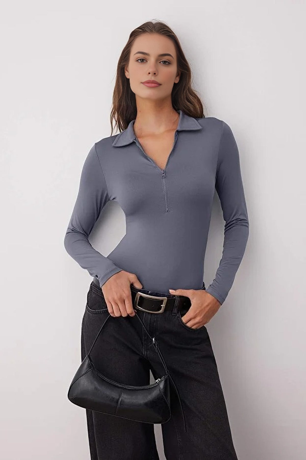 Zipper Collar Detailed Knit Bodysuit