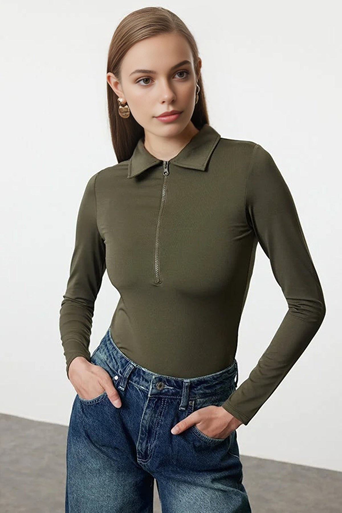 Zipper Collar Detailed Knit Bodysuit