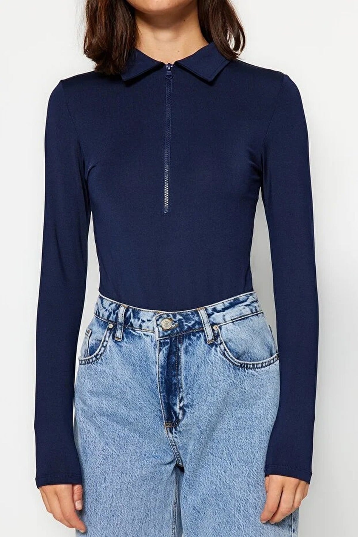 Zipper Collar Detailed Knit Bodysuit