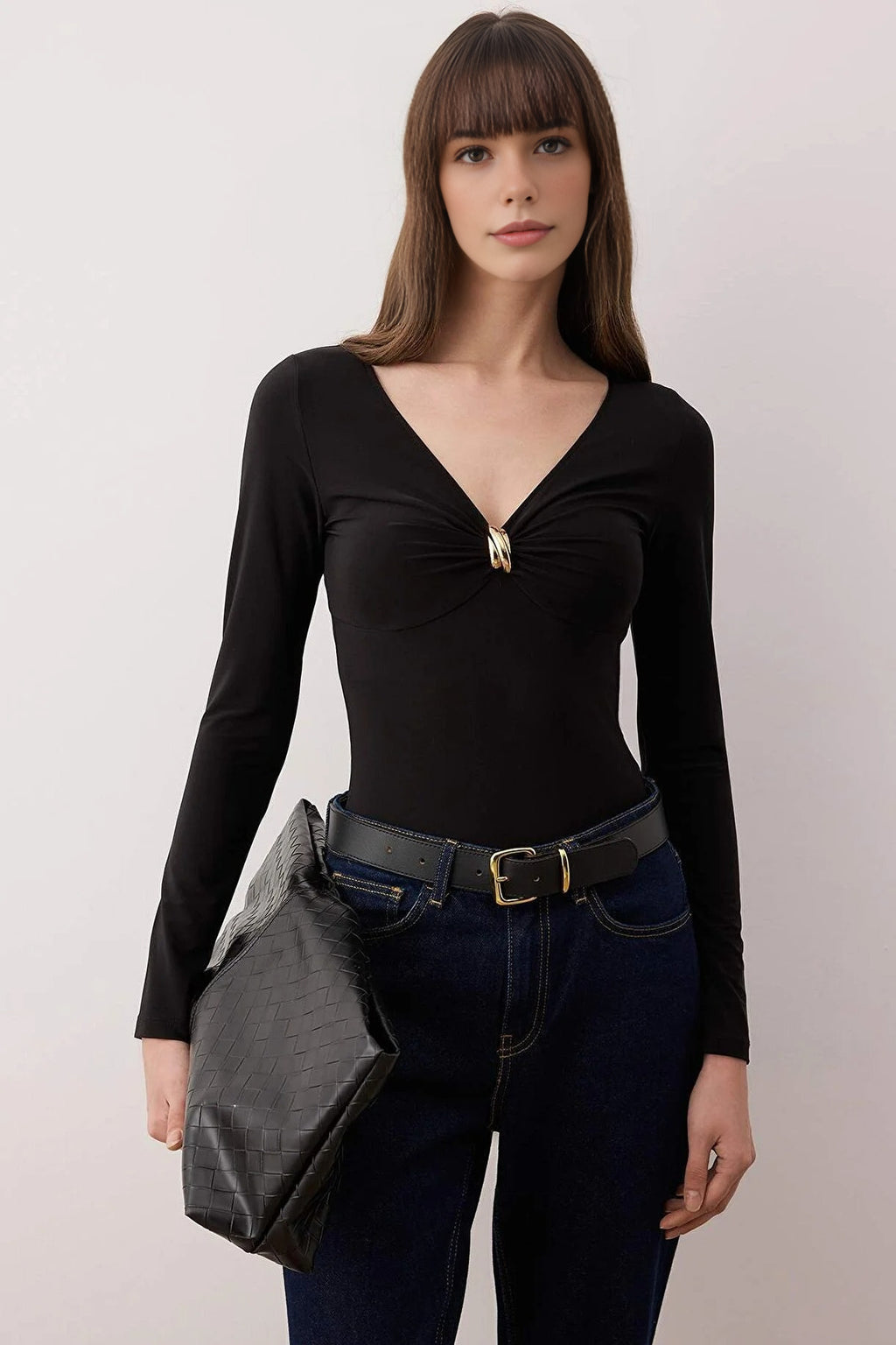 V-Neck Knit Bodysuit with Accessory Detail
