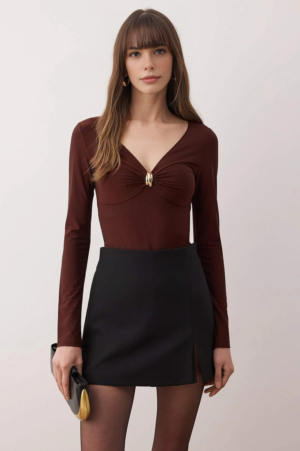 V-Neck Knit Bodysuit with Accessory Detail
