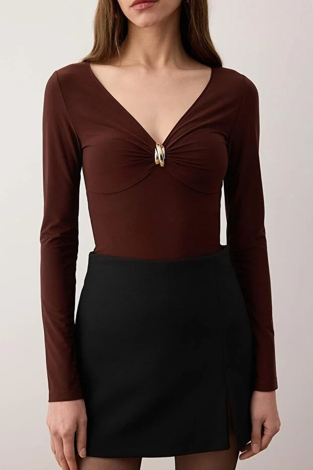 V-Neck Knit Bodysuit with Accessory Detail