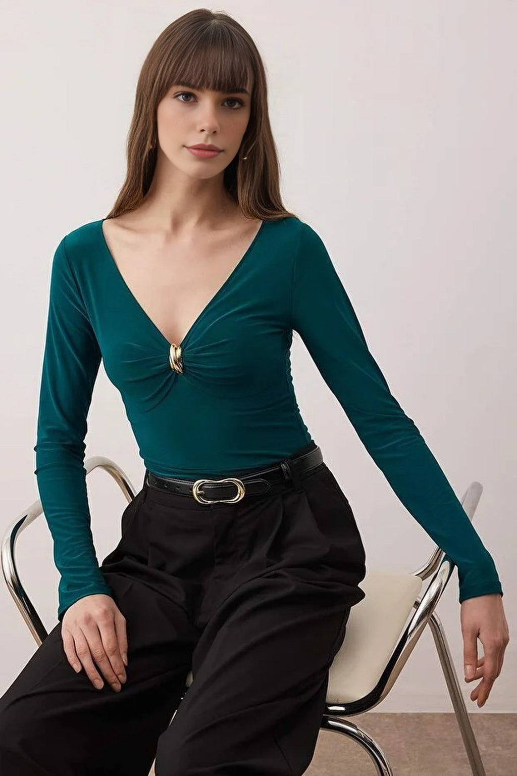 V-Neck Knit Bodysuit with Accessory Detail