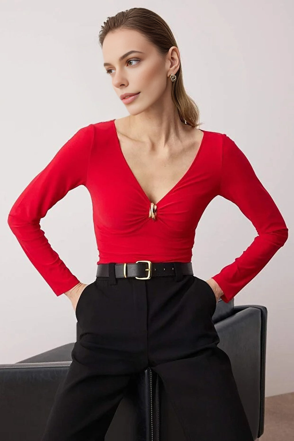 V-Neck Knit Bodysuit with Accessory Detail