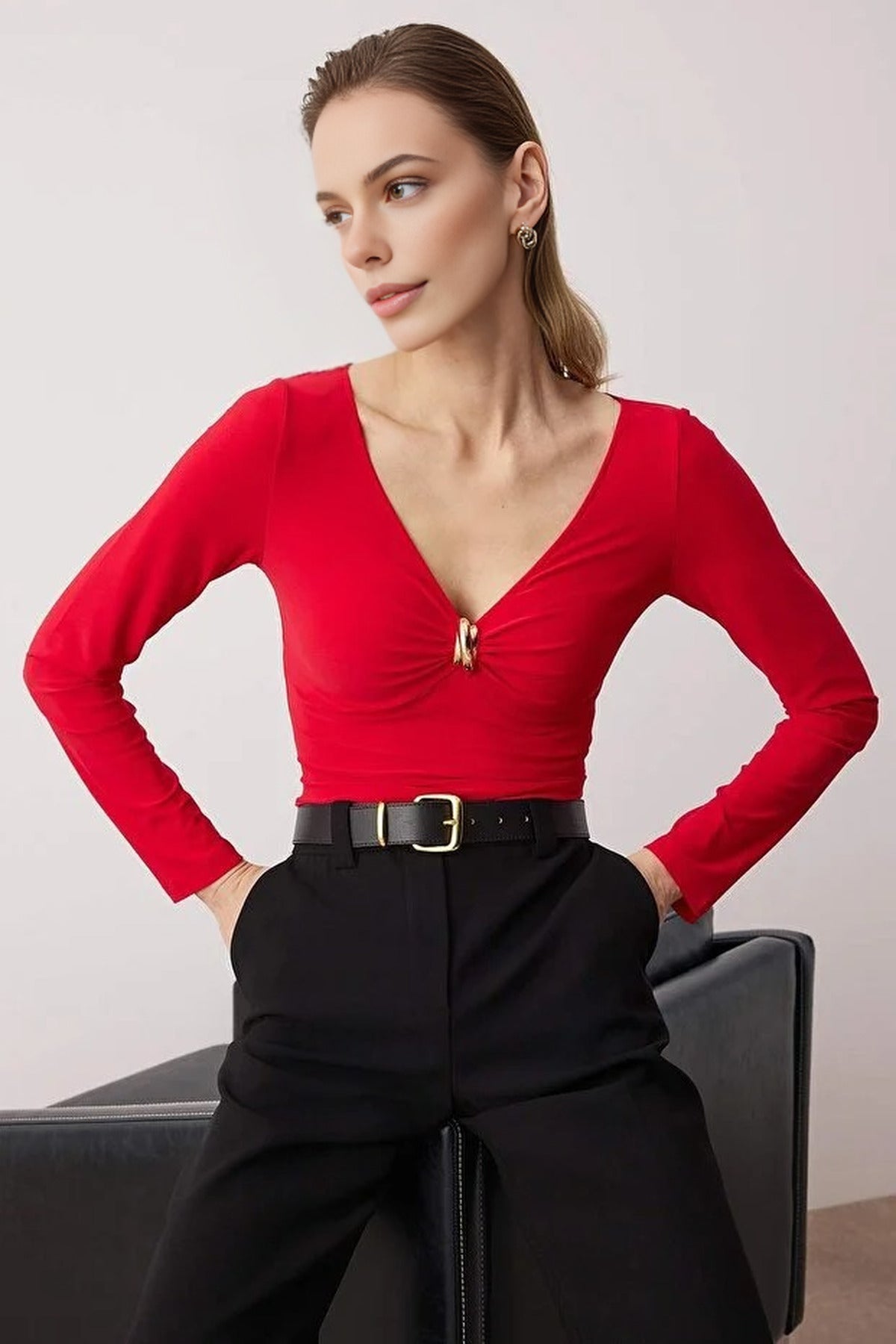 V-Neck Knit Bodysuit with Accessory Detail