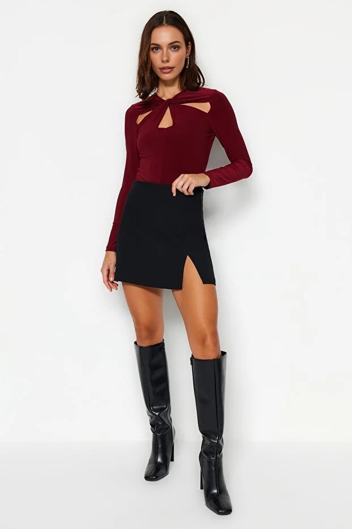 Knit Bodysuit with Cut-Out and Gathered Details