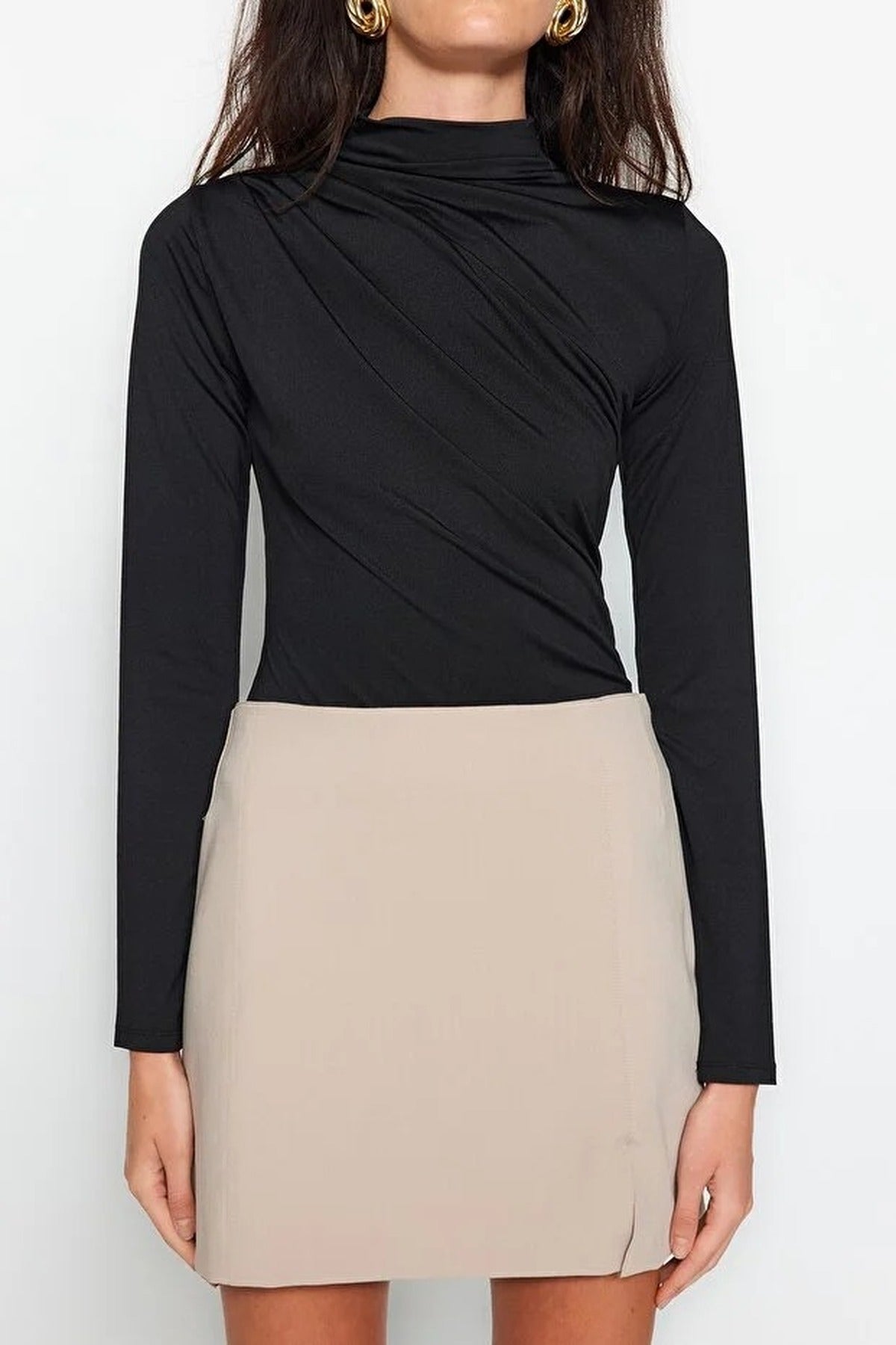 Stand Collar Knit Bodysuit with Gathered Detail