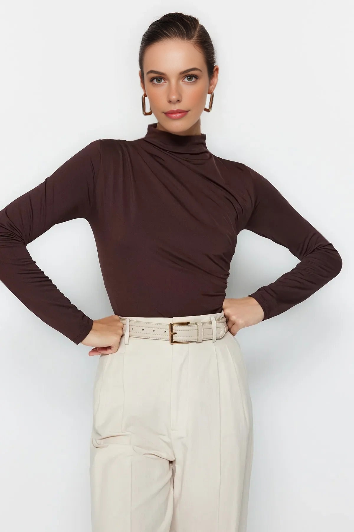 Stand Collar Knit Bodysuit with Gathered Detail