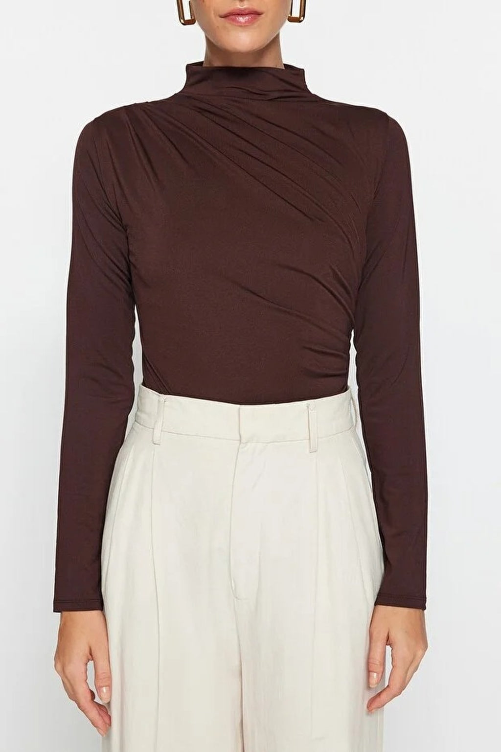 Stand Collar Knit Bodysuit with Gathered Detail