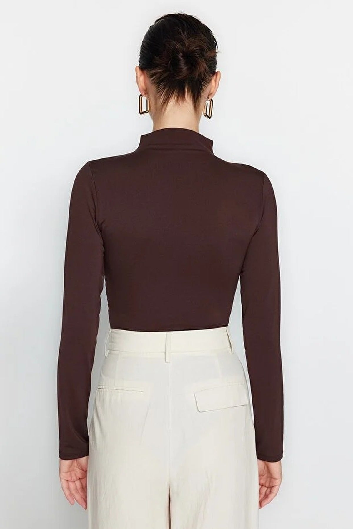 Stand Collar Knit Bodysuit with Gathered Detail