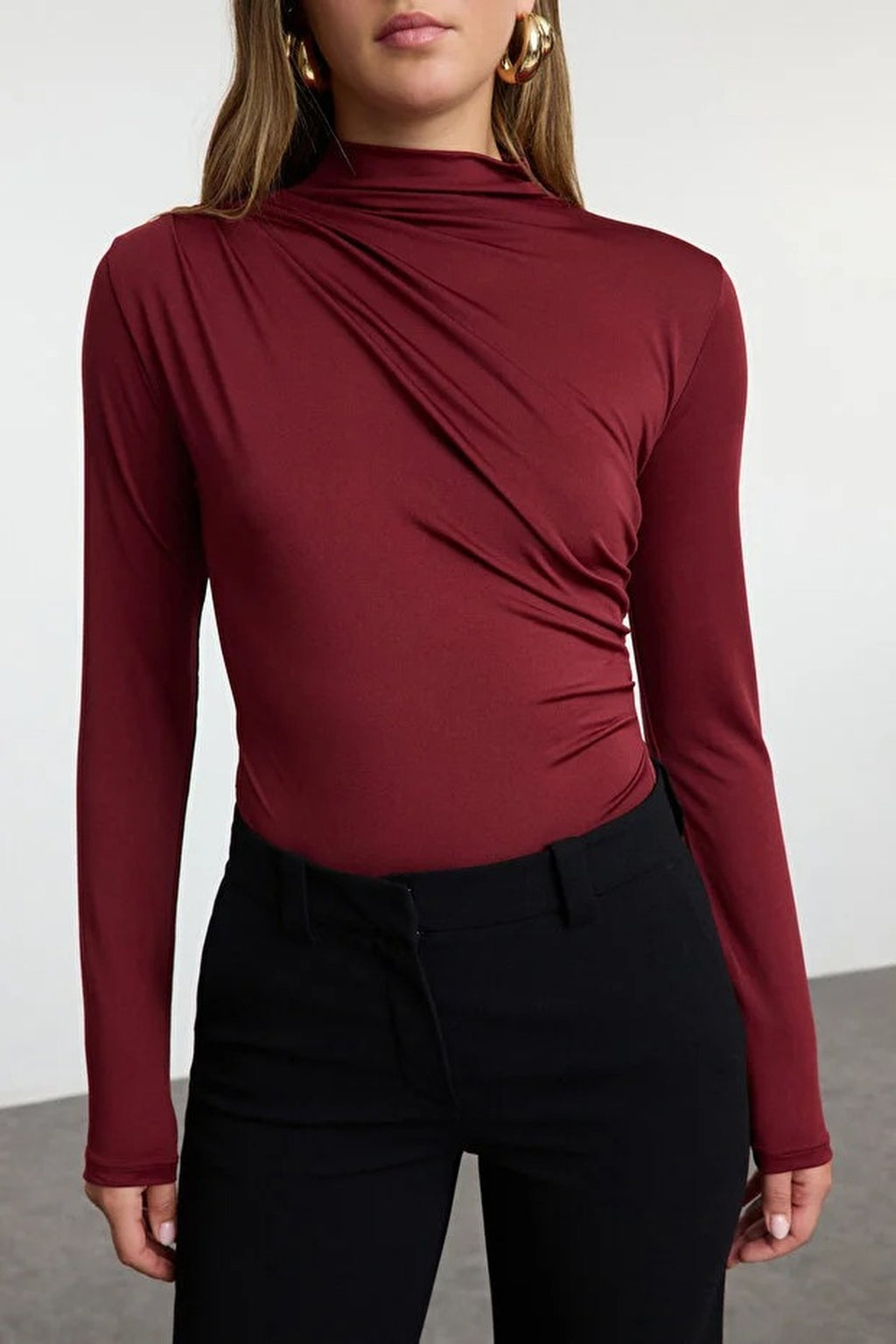 Stand Collar Knit Bodysuit with Gathered Detail