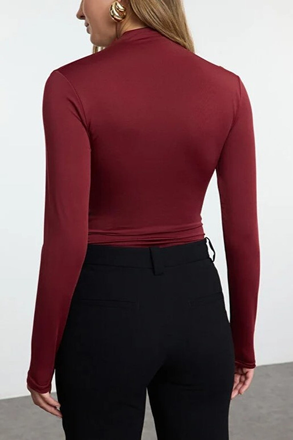 Stand Collar Knit Bodysuit with Gathered Detail