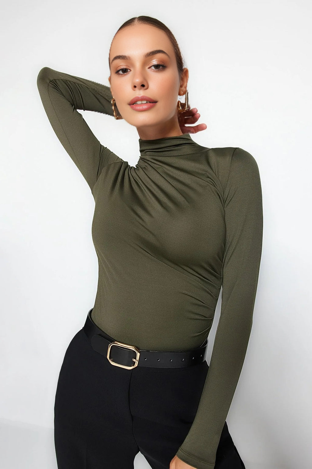 Stand Collar Knit Bodysuit with Gathered Detail