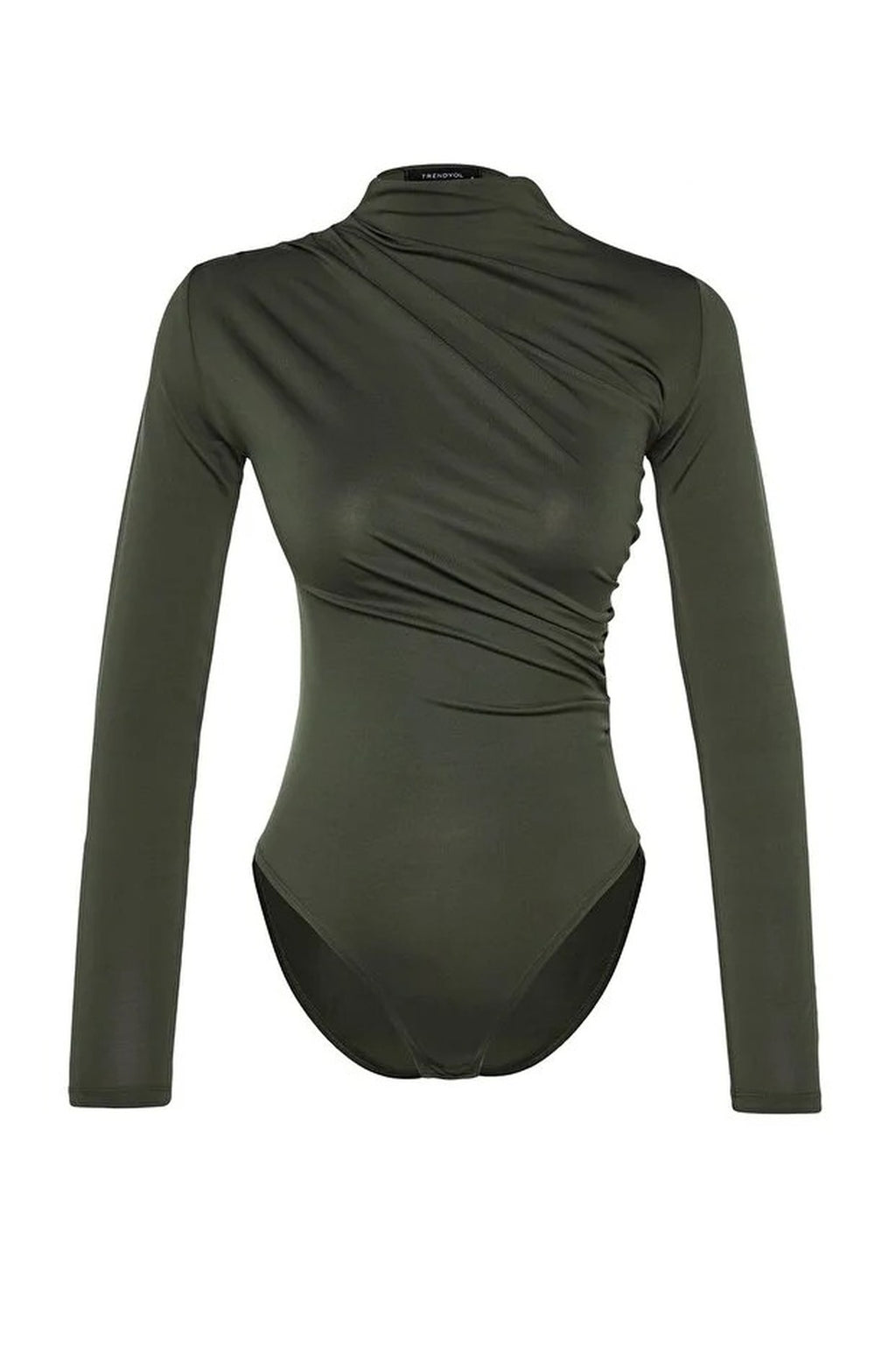 Stand Collar Knit Bodysuit with Gathered Detail