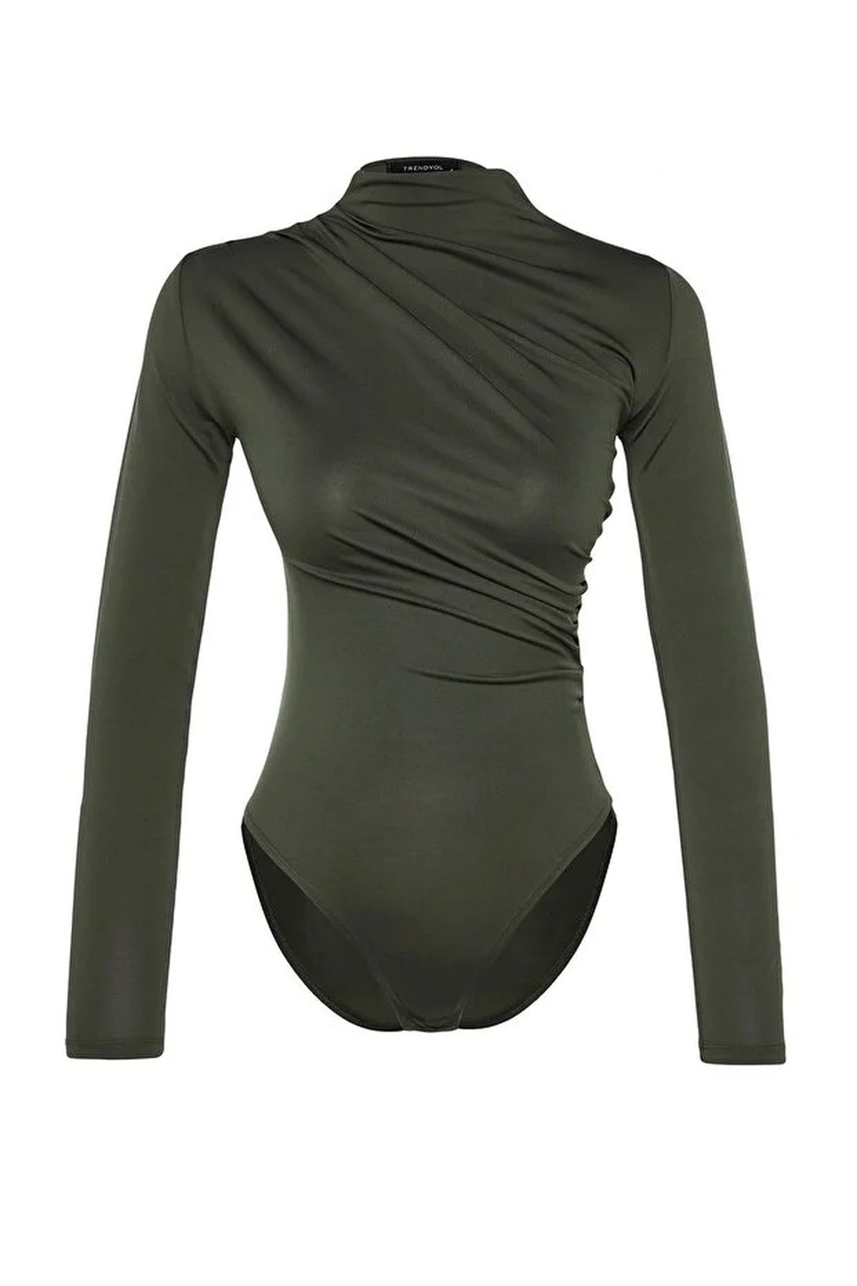 Stand Collar Knit Bodysuit with Gathered Detail