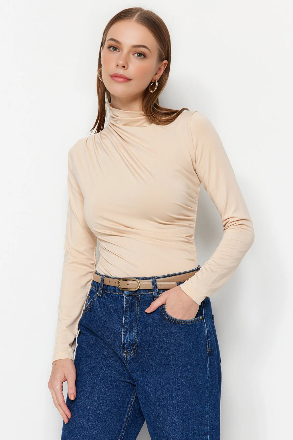 Stand Collar Knit Bodysuit with Gathered Detail